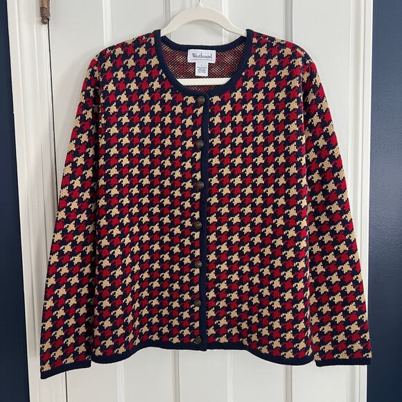 Vintage Houndstooth Red Navy Cardigan Sweater 90s Layers Women Size L Westbound - Picture 2 of 6